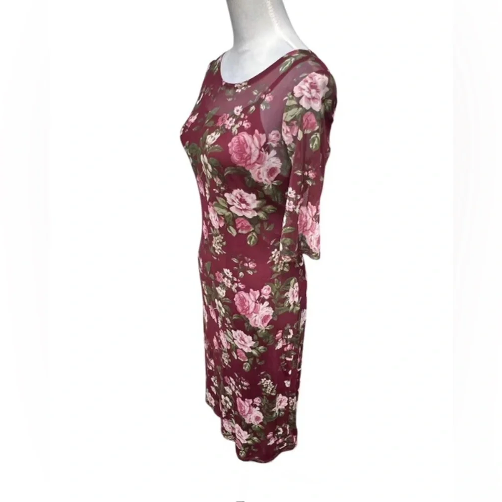 Rags to Wishes Women’s Plum Floral Print Short Sleeve Dress w/ Sheer Overlay - Picture 2 of 7